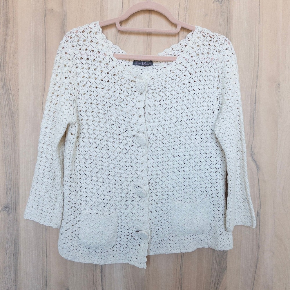 VTG French Postcards Womens Crochet Cardigan‎ Size L Cream Cottage Boho Coastal
